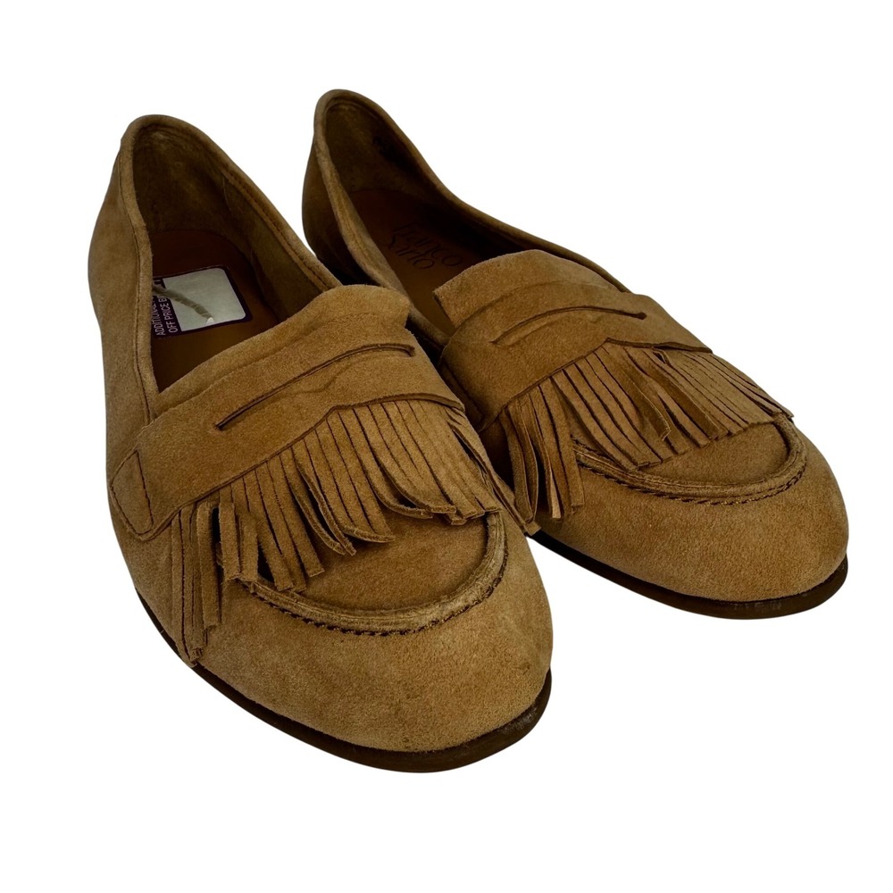 Franco Sarto‎ Wmns Sz 7.5 Tan Suede Leather Loafers Fringe Detail Slip On Flats